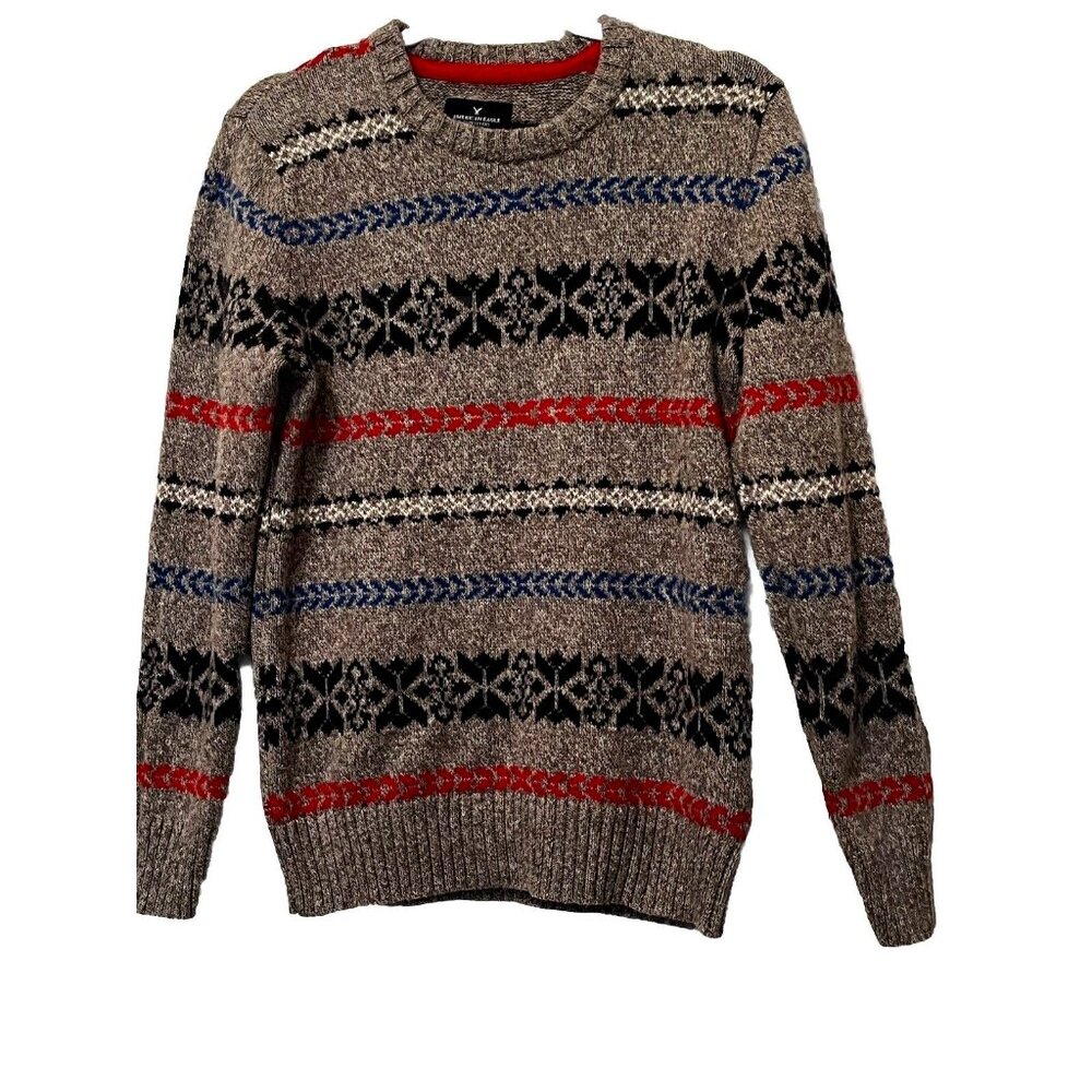American Eagle Sweater Men's Medum Gray Fair Isle Outdoors Preppy Long Sleeve